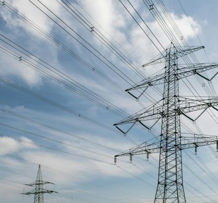 Power lines stretch across a yellow field under blue sky