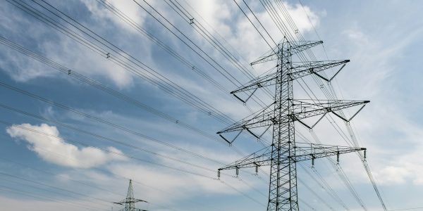 Power lines stretch across a yellow field under blue sky